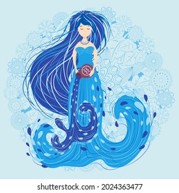 Zodiac, Aquarius zodiac sign illustration as a beautiful girl with braids. Vintage zodiac boho style fashion illustration in pastel colors. Against the background of a flower mandala