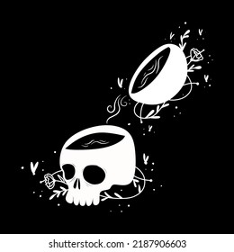 zodiac Aquarius signs halloween skull bones objects icons stars graphics black and white print. Vector illustration