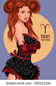 Zodiac: Aries astrological sign.  Illustration with portrait of a pin up girl. 