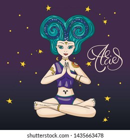 Zodiac Aries Beautiful Girl Vector Sign. Cartoon horoscope astrology illustration with constellations. Horoscope drawing.