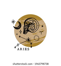 Zodiac Aries boho magical vintage distressed art symbol or label