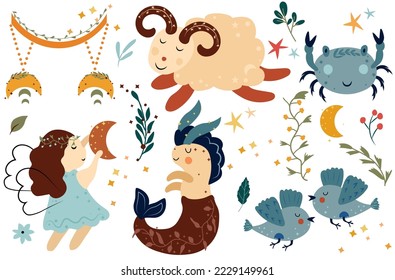 Zodiac Aries, Cancer, Gemini, Capricorn, Virgo, Libra with leaves, colorful flowers and stars around. Set Astrological zodiac Signs perfect for posters, logo, cards. Vector illustration.