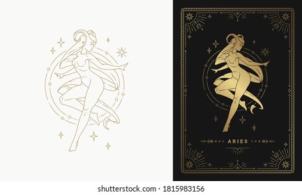 Zodiac aries girl horoscope sign line art silhouette design vector illustration. Golden symbol with frame for feminine astrology card template or poster.