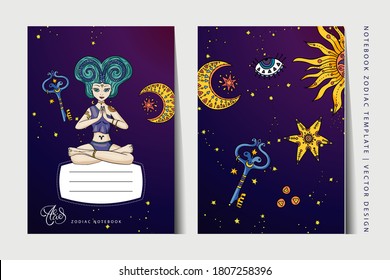 Plantilla vectorial de bloc de notas chica Zodiac Aries. Diseño del libro para a3, a4, a5 tamaño de papel. Arte educativo escolar. Mujer astrológica, símbolo de horóscopo. Diseño de portada.