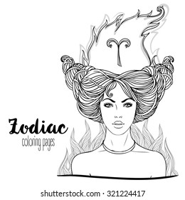 Zodiac: Aries zodiac sign. Vector illustration with portrait of a pretty girl. Black and white zodiac drawing isolated on white. Design for zodiac coloring book page for adults and kids.