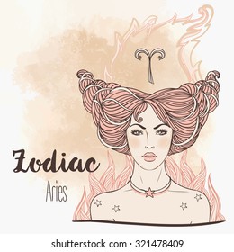 Zodíaco: signo do zodíaco de Áries. Ilustração vetorial com retrato de uma menina bonita. Vintage zodiac estilo boho ilustração da moda. Design para página do livro para colorir do zodíaco para adultos e crianças.