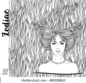 Zodiac: Aries zodiac sign. Vector illustration with portrait of a pretty girl. Black and white  drawing over ornate pattern. Design for horoscope coloring book page for adults and kids.