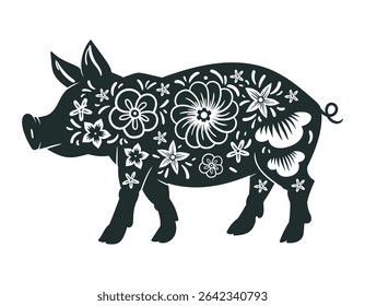 Zodiac astrological calendar piggy sign. Horoscope pig symbol, Chinese lunar New Year oriental animal silhouette flat vector illustration. Traditional horoscope piglet sign