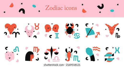 Zodiac astrological contemporary signs symbols collection set. Vector stock abstract graphic illustrations with  magic characters. Clipart design, abstract astrology concept.