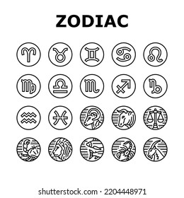 Zodiac Astrological Sign Animal Icons Set Vector. Sagittarius And Capricornus, Taurus And Aries, Virgo And Gemini Scorpio And Libra Astrology Zodiac Symbols. Astrology Black Contour Illustrations