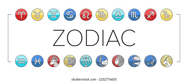 Zodiac Astrological Sign Animal Icons Set Vector. Sagittarius And Capricornus, Taurus And Aries, Virgo And Gemini Scorpio And Libra Astrology Zodiac Symbols. Astrology Color Illustrations