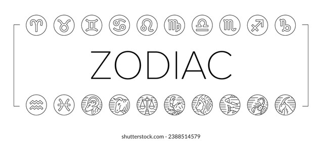 Zodiac Astrological Sign Animal Icons Set Vector. Sagittarius And Capricornus, Taurus And Aries, Virgo And Gemini Scorpio And Libra Astrology Zodiac Symbols. Astrology Black Contour Illustrations