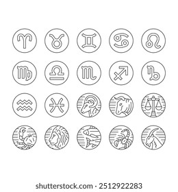 Zodiac Astrological Sign Animal Icons Set Vector. Sagittarius And Capricornus, Taurus And Aries, Virgo And Gemini Scorpio And Libra Astrology Zodiac Symbols. Astrology Black Contour Illustrations