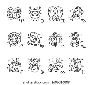 Zodiac, astrological signs, icon set. Horoscope. Aries, Taurus, Gemini, Cancer, Leo, Virgo, Libra, Scorpio, Sagittarius, Capricorn, Aquarius, Pisces, linear icons. Line with editable stroke