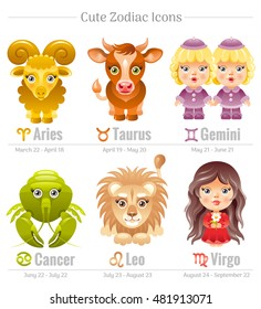 Zodiac astrological signs icon set. Cute cartoon characters. Abstract template Aries, Leo, Taurus, Virgo, Gemini, Cancer, vector Horoscope. Modern illustration. Isolated on white background.