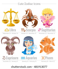 Zodiac astrological signs icon set. Cute cartoon characters. Abstract template Sagittarius, Capricorn, Libra, Aquarius, Scorpio, Pisces vector Horoscope. Modern illustration. White background