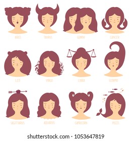 Zodiac astrological signs vector set for horoscope with cute girls faces.