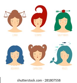 Zodiac astrological signs vector set for horoscope with cute girls faces. Part 1