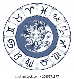 Zodiac.  Astrological symbol. Horoscope. The sun and the moon. Astrology. Mystical. Vector