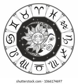 Zodiac.  Astrological symbol. Horoscope. The sun and the moon. Astrology. Mystical. Coloring.  Vector