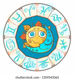 Zodiac.  Astrological symbol. Horoscope. The sun and the moon.  