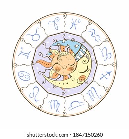 Zodiac.  Astrological symbol. Horoscope. The sun and the moon. Astrology. Mystical. Vector