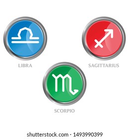 Zodiac astrological symbol icon 3D. Libra Scorpio Sagittarius set of horoscope symbols, astrology icons collection