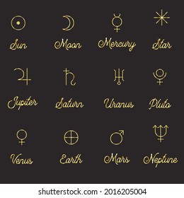 Zodiac and astrological symbols of planets in gold color on black