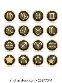 Zodiac astrology brown and gold vector button set