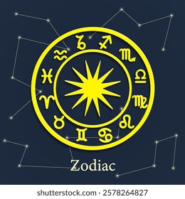 Zodiac astrology circle. Astrological constellation wheel, zodiac horoscope signs, mystical natal chart, wheel sky zodiac map vector illustration. Magic symbols, cosmic starry