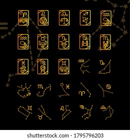 zodiac astrology horoscope calendar constellation aries leo libra cancer scorpio icons collection gradient style black background vector illustration