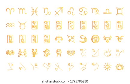 zodiac astrology horoscope calendar constellation icons collection gradient style vector illustration