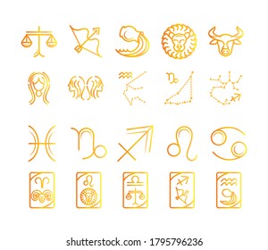 zodiac astrology horoscope calendar constellation aries sagittarius leo icons collection gradient style vector illustration