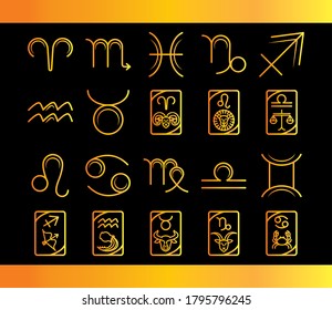 zodiac astrology horoscope calendar constellation sagittarius taurus leo libra icons collection gradient style black background vector illustration