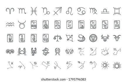 zodiac astrology horoscope calendar constellation icons collection line style vector illustration