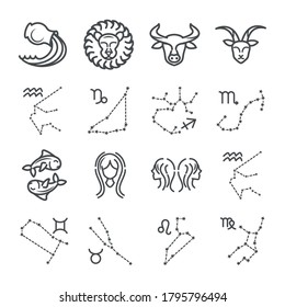 zodiac astrology horoscope calendar constellation capricorn leo taurus gemini icons collection line style vector illustration