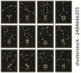 Zodiac astrology horoscope cards , collection of 12 zodiac signs with titles. Aries, Taurus, Leo, Gemini, Virgo, Scorpio, Libra, Aquarius, Sagittarius, Pisces, Capricorn, Cancer. Vector.