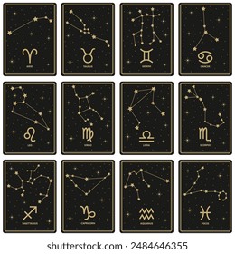 Zodiac astrology horoscope cards , collection of 12 zodiac signs with titles. Aries, Taurus, Leo, Gemini, Virgo, Scorpio, Libra, Aquarius, Sagittarius, Pisces, Capricorn, Cancer. Vector.