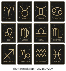 Tarjetas del horóscopo de la astrología del zodiaco, colección de 12 signos del zodiaco con títulos. Aries, Tauro, Leo, Géminis, Virgo, Escorpio, Libra, Acuario, Sagitario, Piscis, Capricornio, Cáncer. Vector.