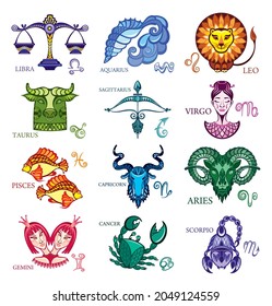 Zodiac astrology horoscope cards  design vector illustrations set. 