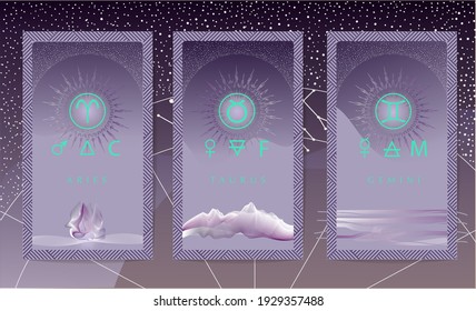 Zodiac astrology horoscope cards. Horoscope esoteric template icons 
 with sci-fi look for wall print poster isolated. Aries, taurus and gemini signs
