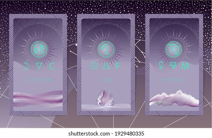 Zodiac Astrology Horoscope Cards. Horoscope Esoteric Template Icons 
 With Sci-fi Look For Wall Print Poster Isolated. Cancer, Leo, Virgo Signs