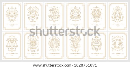 Zodiac astrology horoscope cards linear design vector illustrations set. Elegant symbols and icons of esoteric horoscope templates for wall print poster isolated on black background