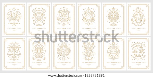Zodiac\
astrology horoscope cards linear design vector illustrations set.\
Elegant symbols and icons of esoteric horoscope templates for wall\
print poster isolated on black\
background