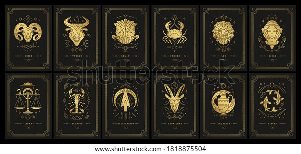 Zodiac astrology horoscope cards linocut\
silhouettes design vector illustrations set. Elegant symbols and\
icons of esoteric horoscope templates for wall print poster\
isolated on black\
background