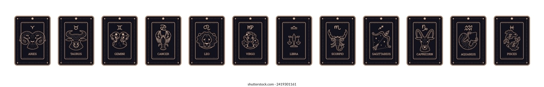 Zodiac astrology and horoscope cards set, line vector illustration isolated on white background. Elegant Zodiac esoteric horoscope symbols collection.