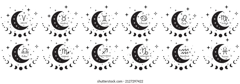 Zodiac astrology horoscope design vector illustrations set. esoteric zodiacal horoscope templates