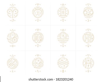 Zodiac astrology horoscope glyphs linear design vector illustrations set. Elegant line art symbols and icons of esoteric zodiacal horoscope templates for card or poster isolated on white background.