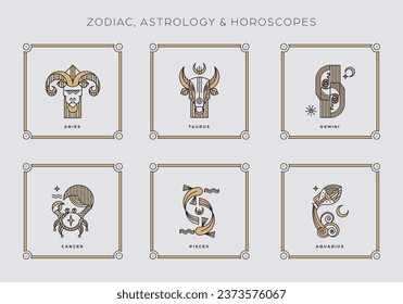 Zodiac astrology horoscope line art.  Symbols and icons of esoteric horoscopes. Vector illustrations set.