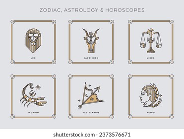 Zodiac astrology horoscope line art.  Symbols and icons of esoteric horoscopes. Vector illustrations set.